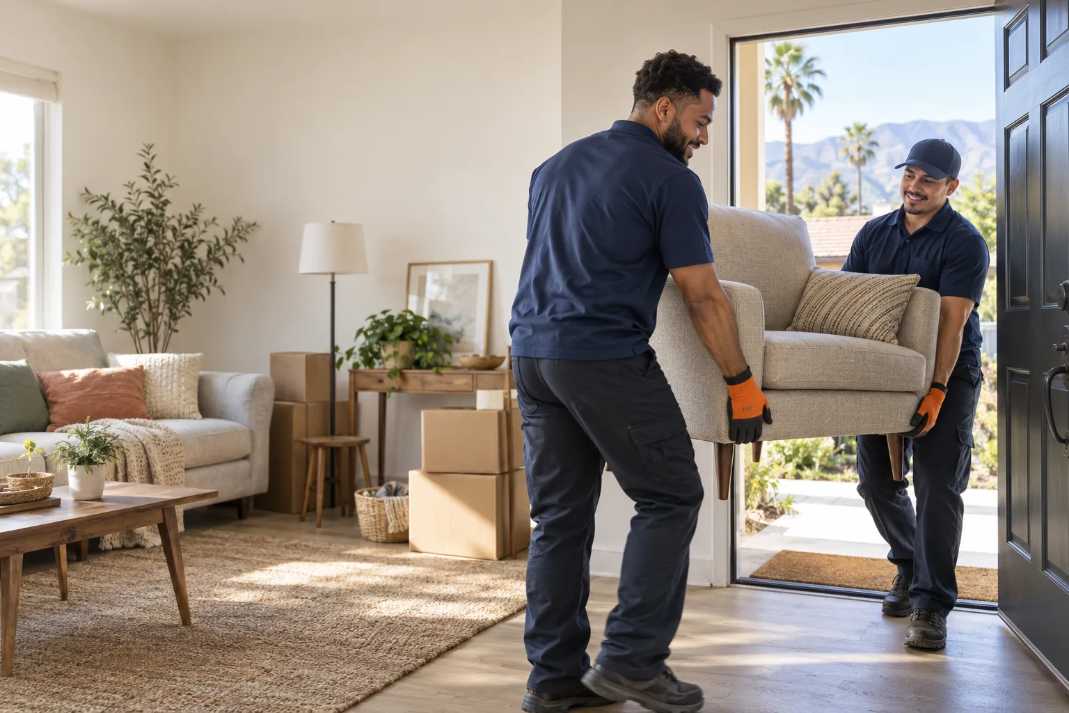 Crew carrying furniture through a home doorway
